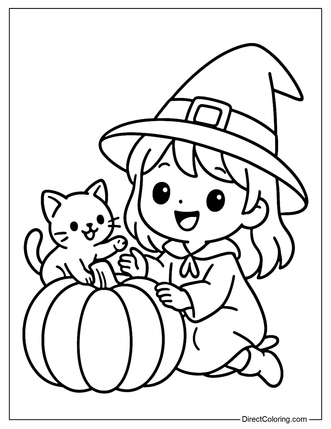 A coloring page of a little witch sitting next to a giant pumpkin, from inside the pumpkin emerges a mischievous cat.
