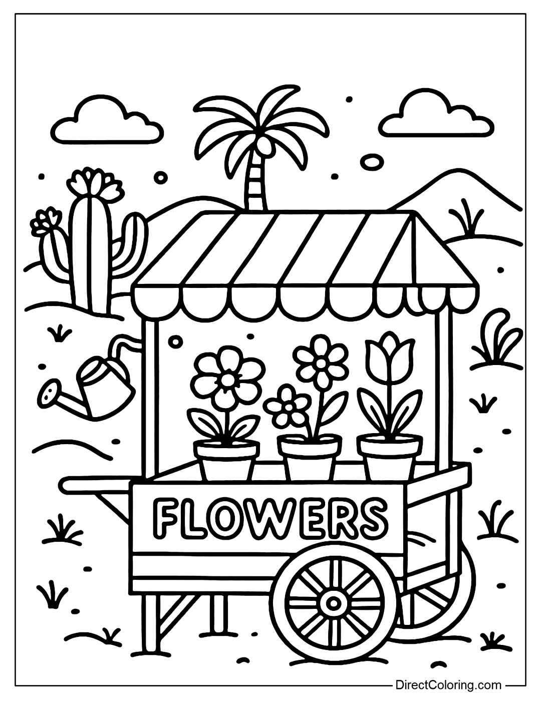 A Flower Cart Coloring Page in a Desert Oasis, Cactus Blooming, Watering Can Hanging Next to a Fabric Umbrella