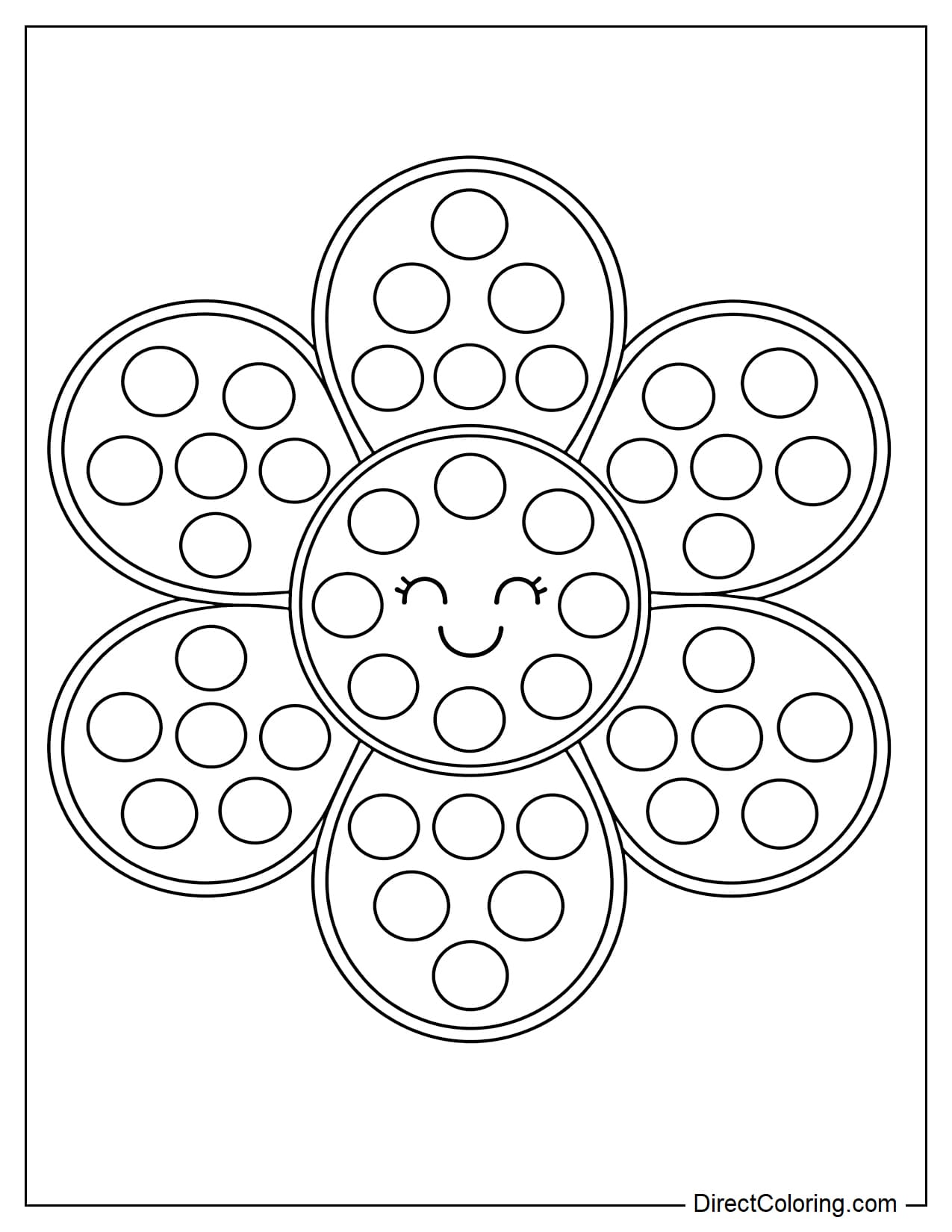 A large flower-shaped pop-it with a simple smiley face center and round bubbles evenly distributed on the petals.