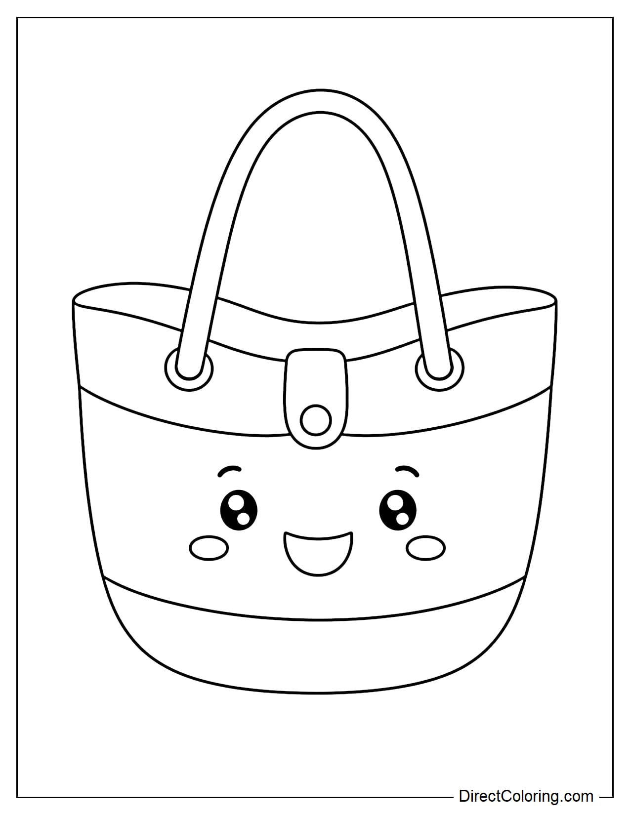 A large beach bag with a smiley face, handle and flap.