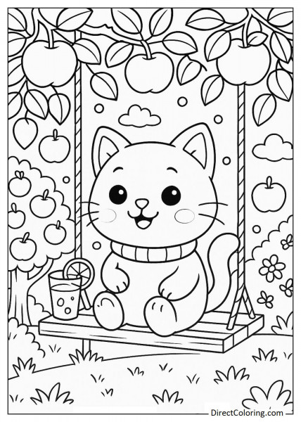 Cat sitting on a swing in apple garden coloring page