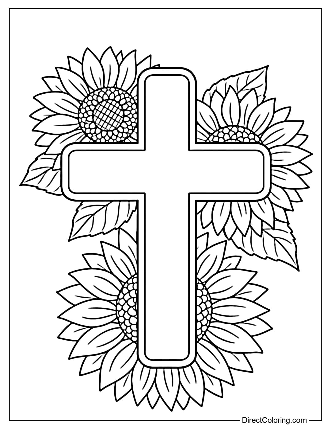 A coloring page of a cross with rounded edges, behind which large sunflower petals radiate outwards.