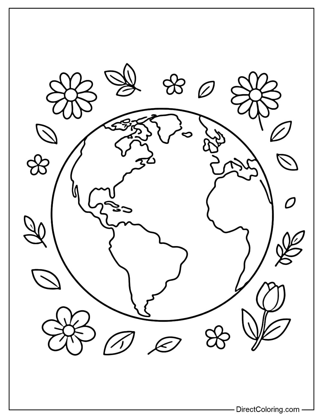 A coloring page featuring a large Earth surrounded by a few simple flowers and small leaves, creating a fresh, natural feel.