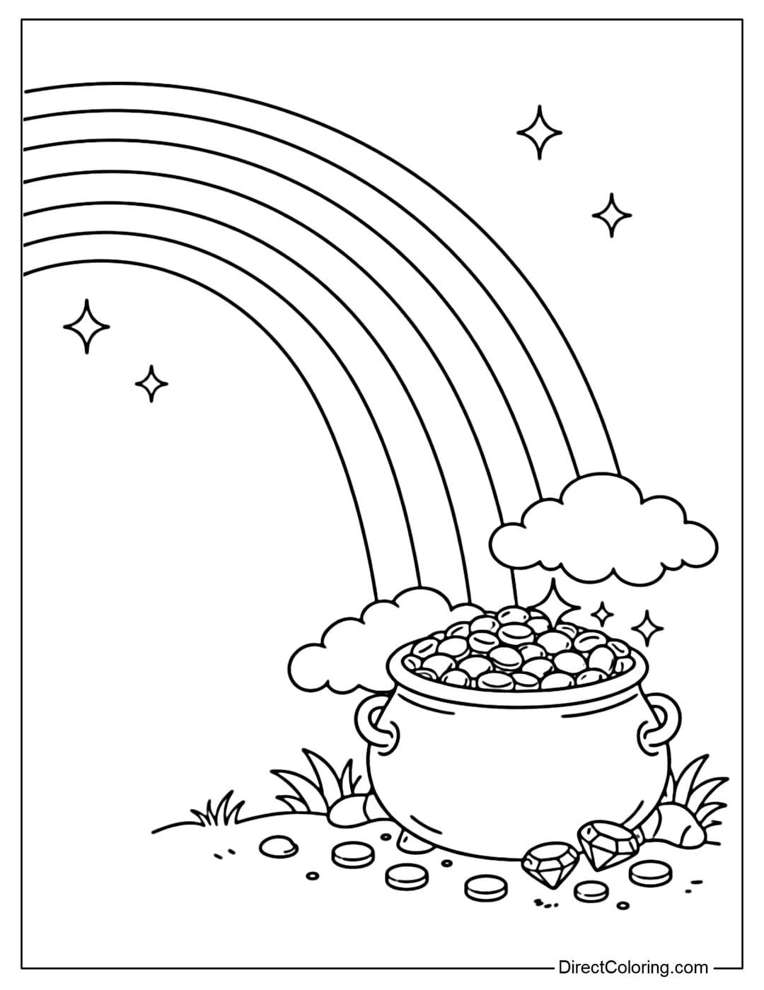 A coloring page of a large rainbow ending with a pot of gold treasure at the end.