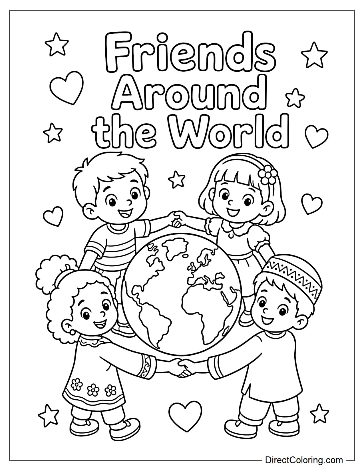 A group of four children with different hairstyles and outfits are holding hands around a large globe, with the words 
