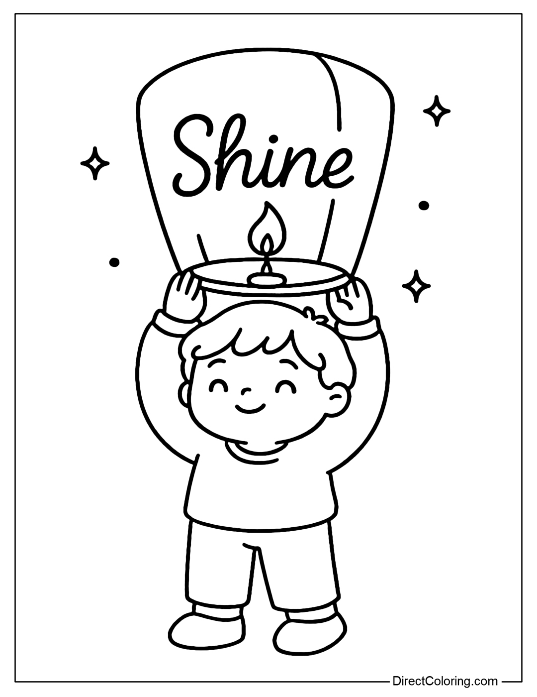 Coloring page of a child lighting up a sky lantern, with the word “Shine” written on it.