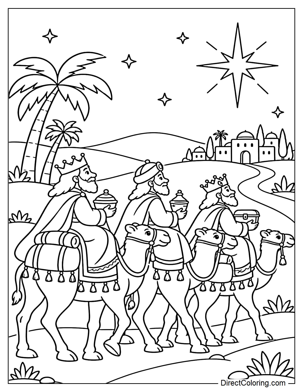 The Three Wise Men wearing robes and crowns and riding camels along a desert path, guided by the large Star of Bethlehem shining above.