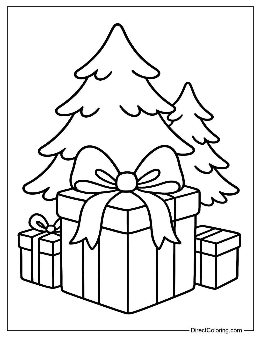 A gift box coloring page under the tree with a small tree behind and 2 gift boxes underneath.
