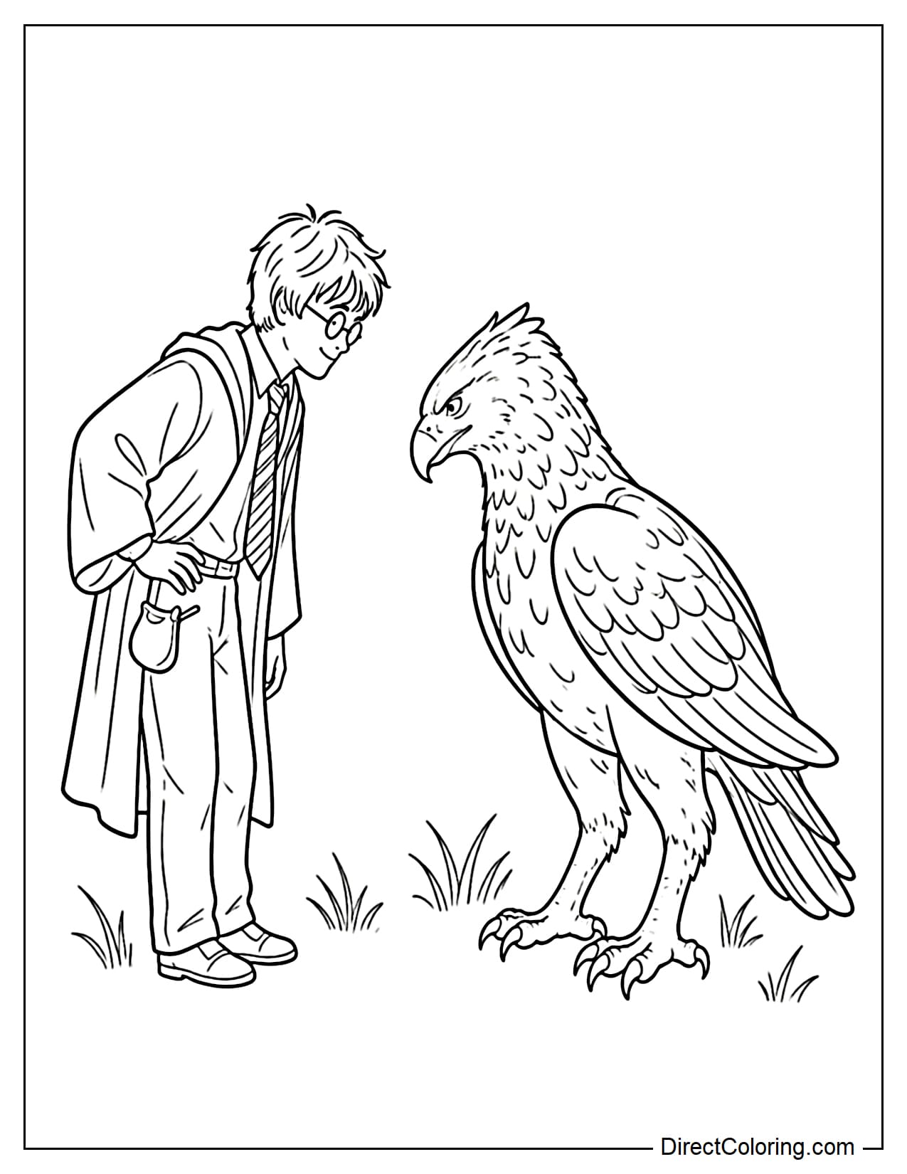 Harry Potter and Buckbeak stand facing each other, with Harry bowing slightly forward while Buckbeak lowers his head in return, his wings folded neatly at his sides.