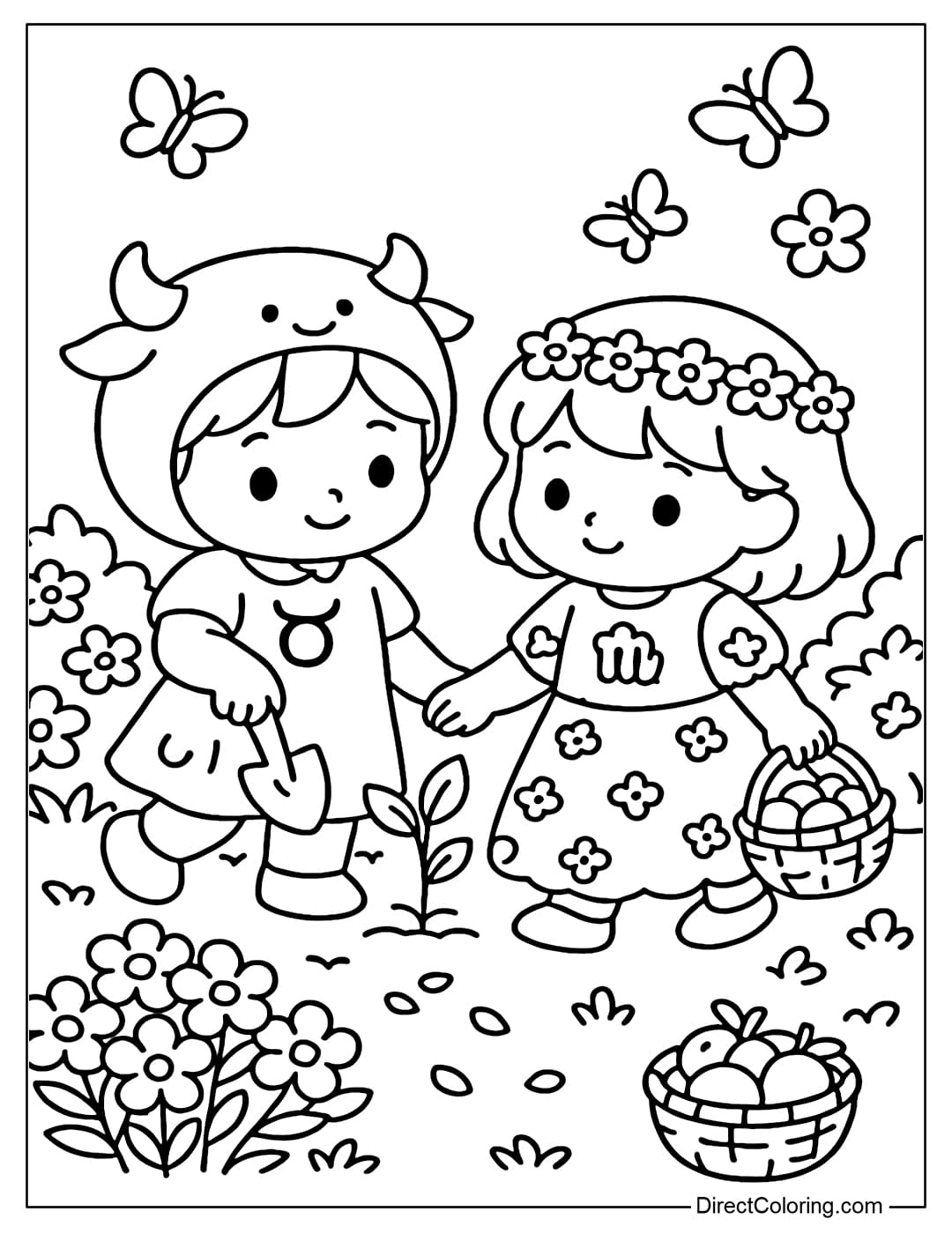 Coloring page of Taurus wearing a denim skirt and Virgo in a floral skirt, both planting trees and exploring the magical garden.