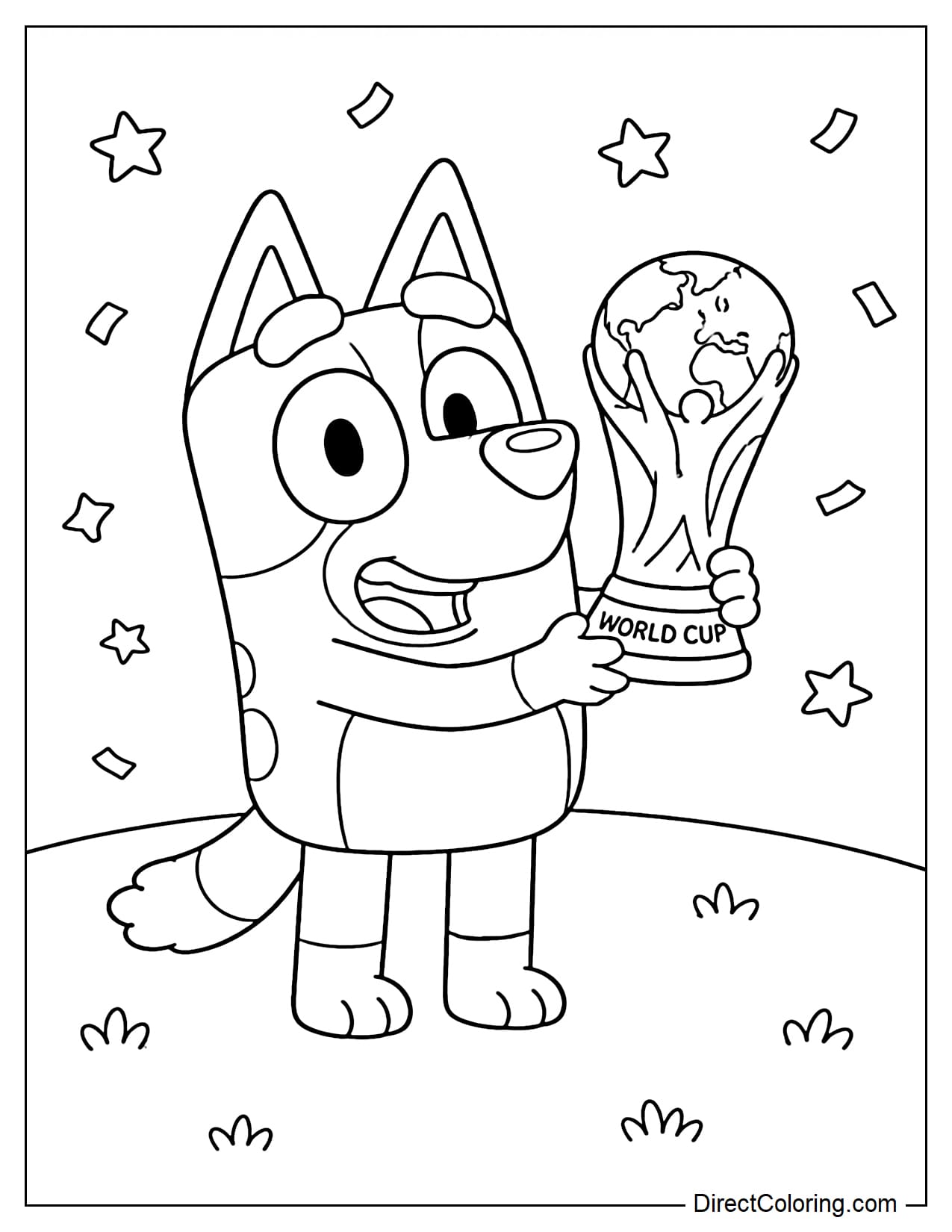 Bluey is happily holding a simple World Cup trophy, surrounded by some confetti and stars.
