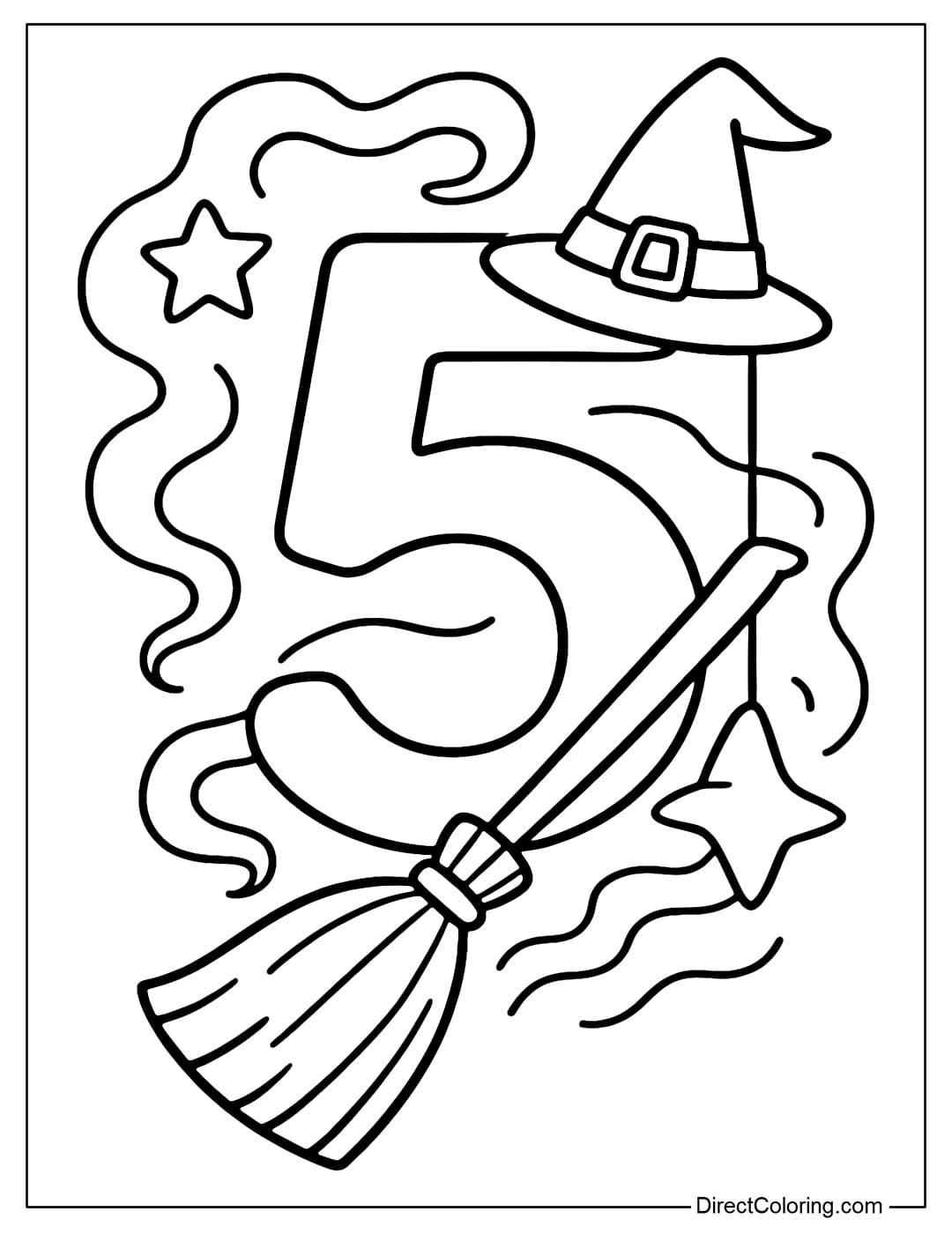 Halloween number 5 coloring page combines a witch broom and a hat, behind is a star and a magical smoke strip flying around.