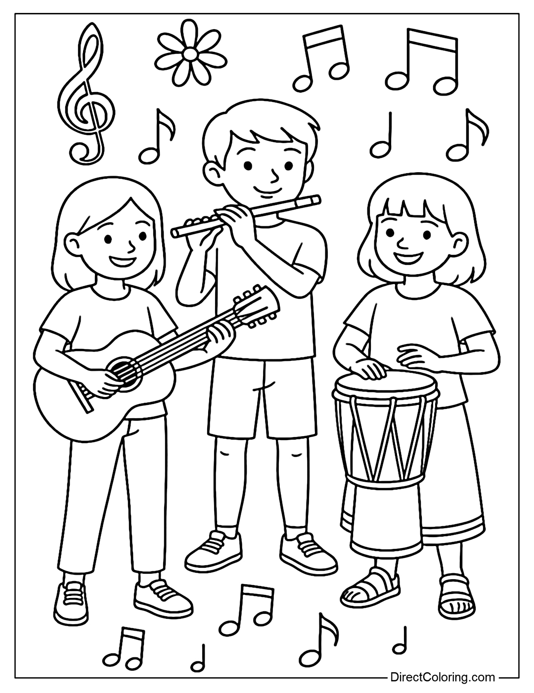 Coloring page of a young person playing a guitar, flute, drum with international musical instrument symbols around.
