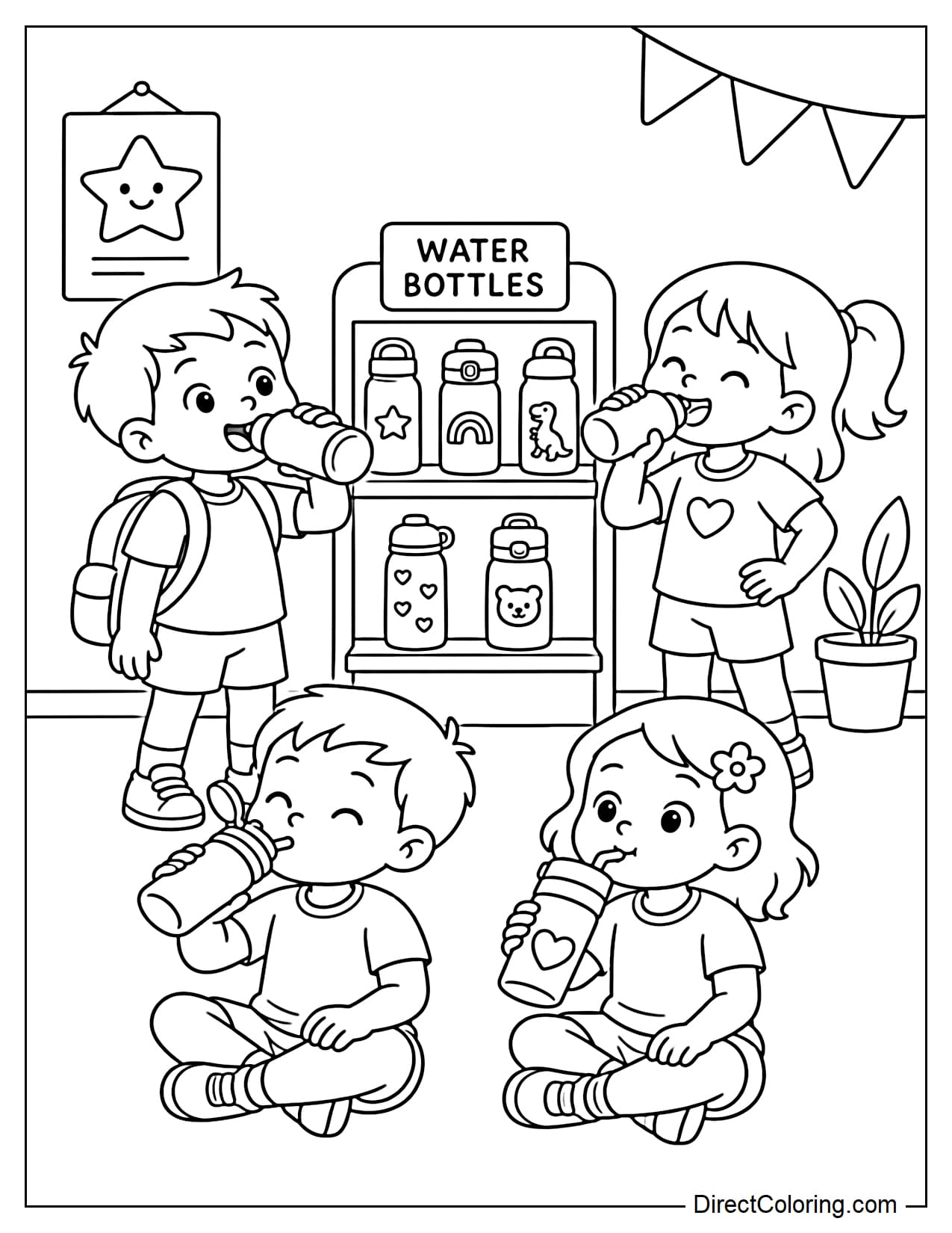 The children are drinking water from their personal water bottles after school, with a small water bottle rack in the background.