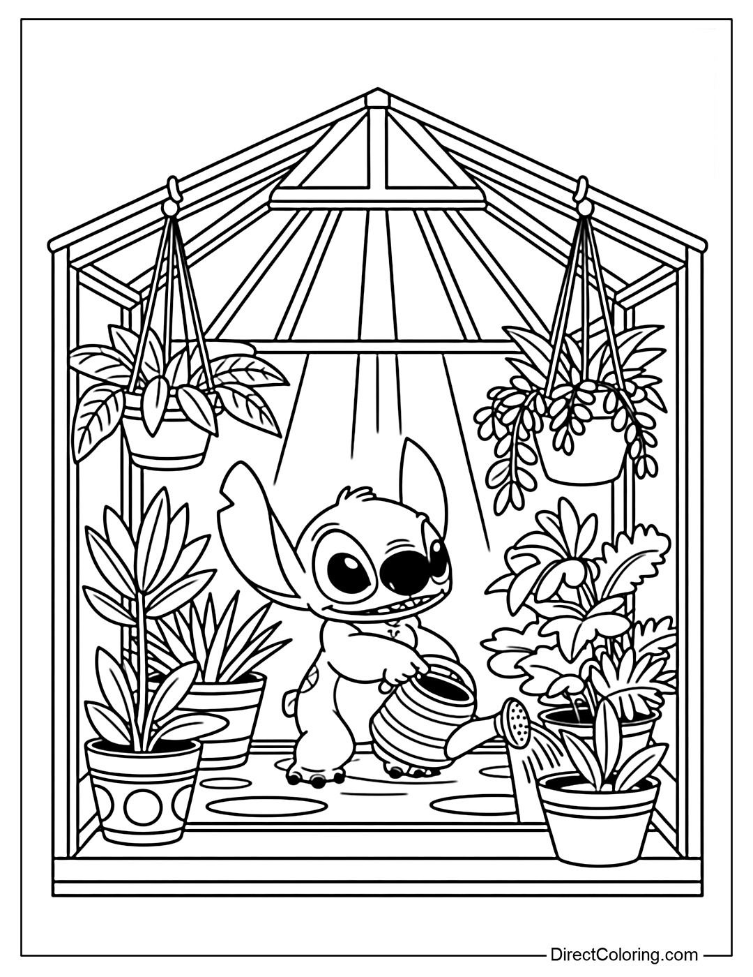 Stitch coloring page takes care of plants in a glass greenhouse, with a watering can, hanging pots and sunlight through the roof.