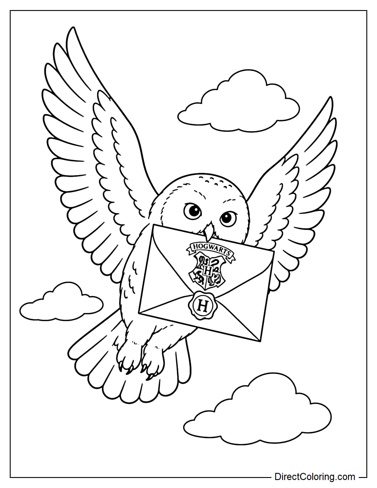 Hedwig is flying with her wings spread wide, carrying a large sealed Hogwarts letter in her beak, with a few clouds behind her.
