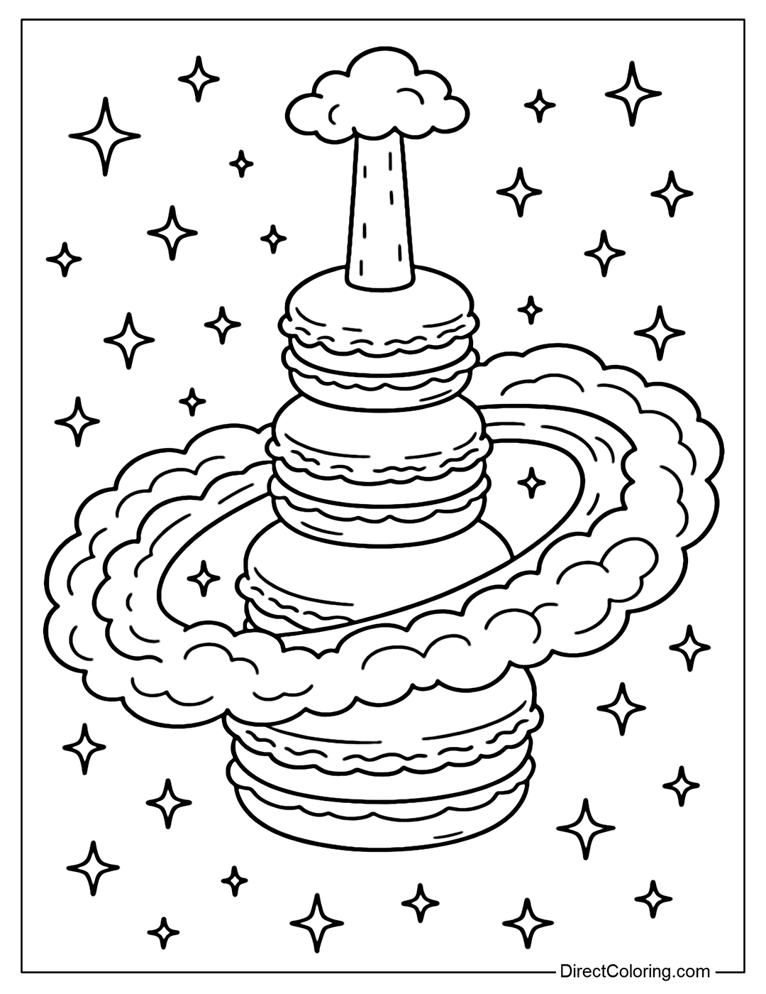 A pastel multi-layered macaron planet coloring page, in the center there is a macaron tower that touches the clouds. The belt is a swirl of light pink cotton candy, dotted with sparkling stars.