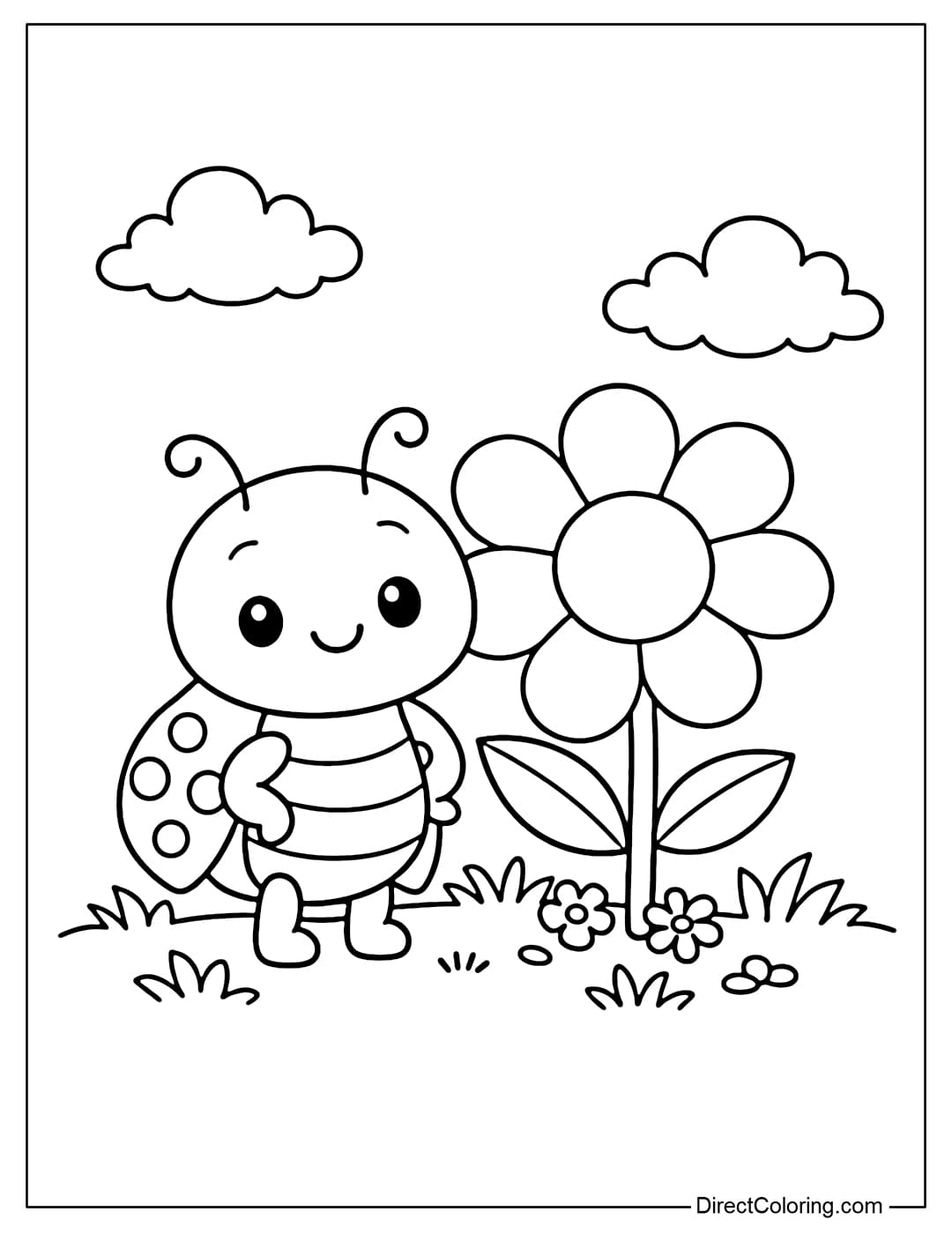 A cute little ladybug standing next to a simple round flower on the grass.