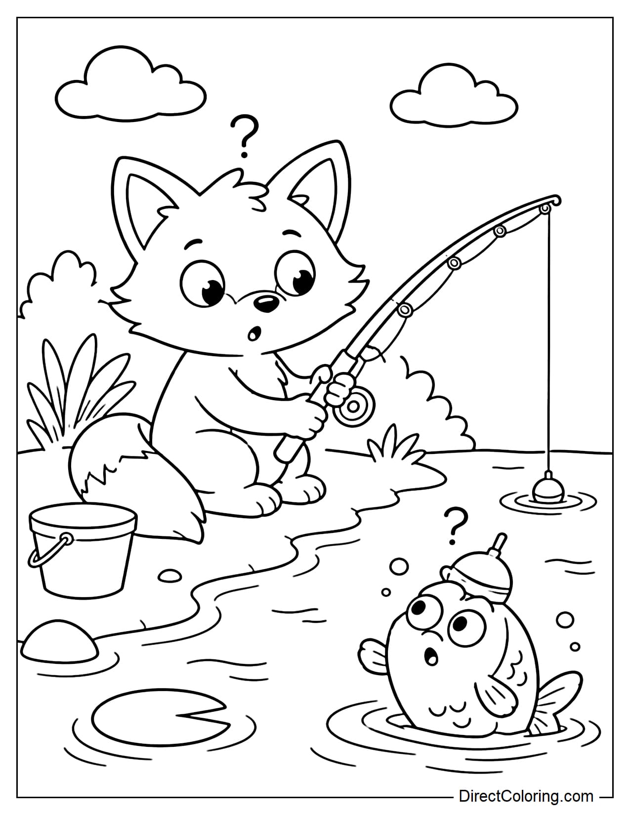 A fox is fishing by the lake, but a fish secretly surfaces behind the fox and tries on a small hat, leaving both the fish and the fox with hilariously bewildered expressions.