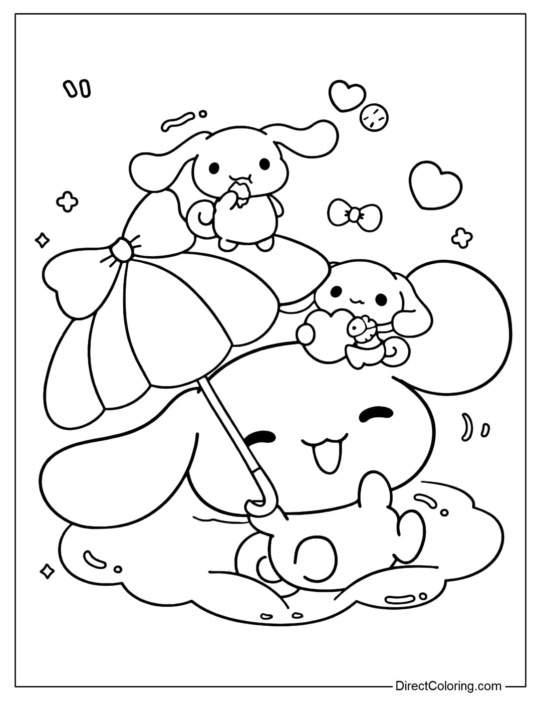 A coloring page of Cinnamoroll holding a cute umbrella and playing with little friends.