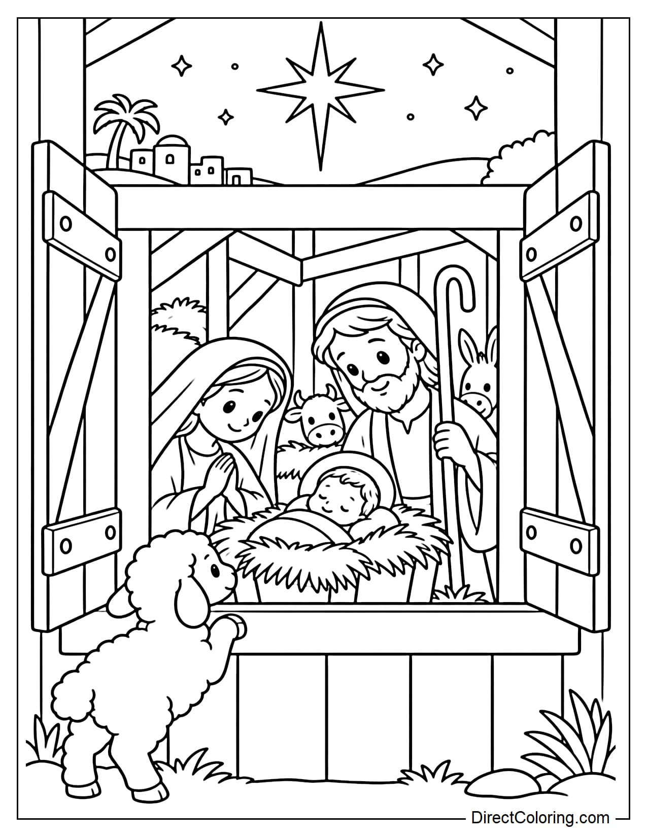 A Nativity scene viewed through a wooden stable window, with Mary and Joseph sitting beside Baby Jesus in the manger, while a little lamb and the Star of Bethlehem appear outside the window.