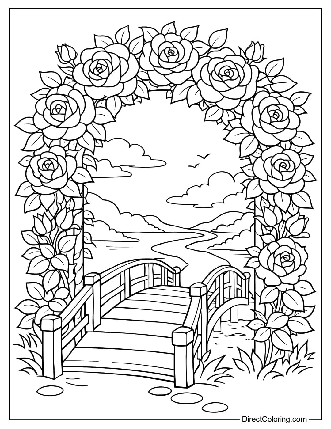 A coloring page of a curved wooden bridge passing through an archway of blooming roses.