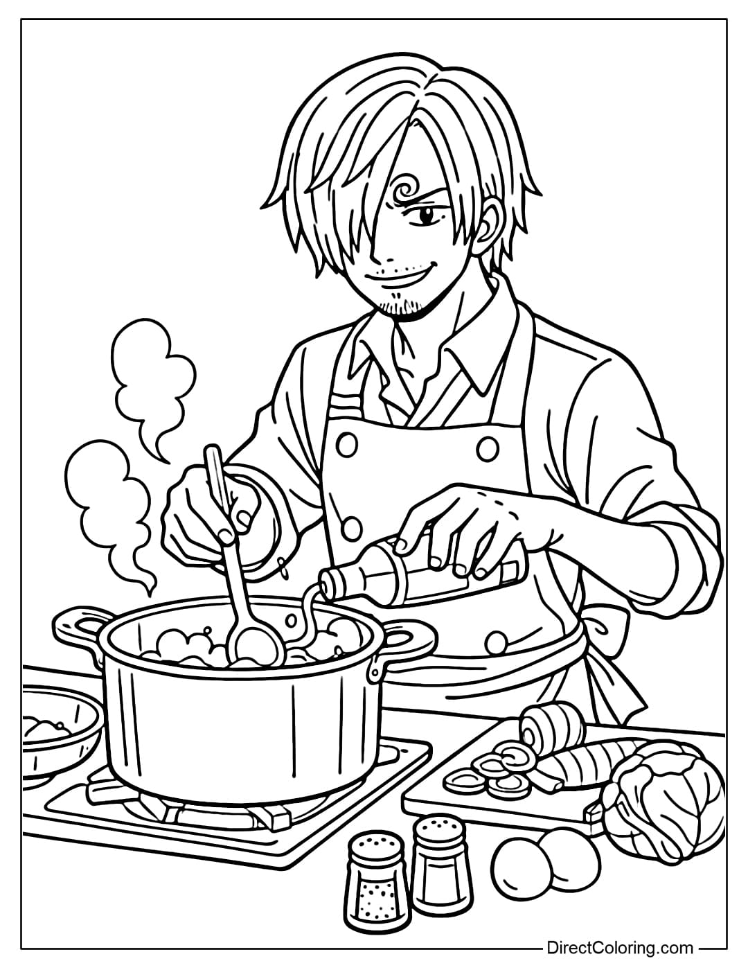 Sanji is cooking a pot of food, with ingredients on the table.