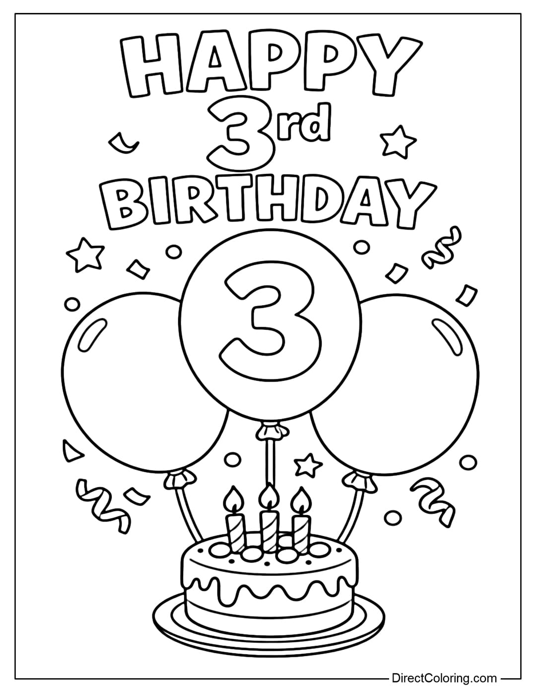A coloring page for a birthday cake with three large balloons, one of which has a large number 3. Above it is the text 