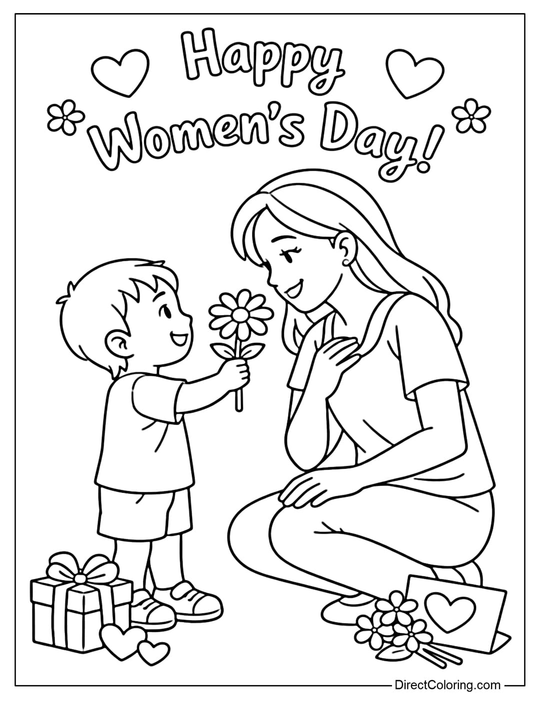 A coloring page depicting a baby boy giving a flower to his mother, with the words 