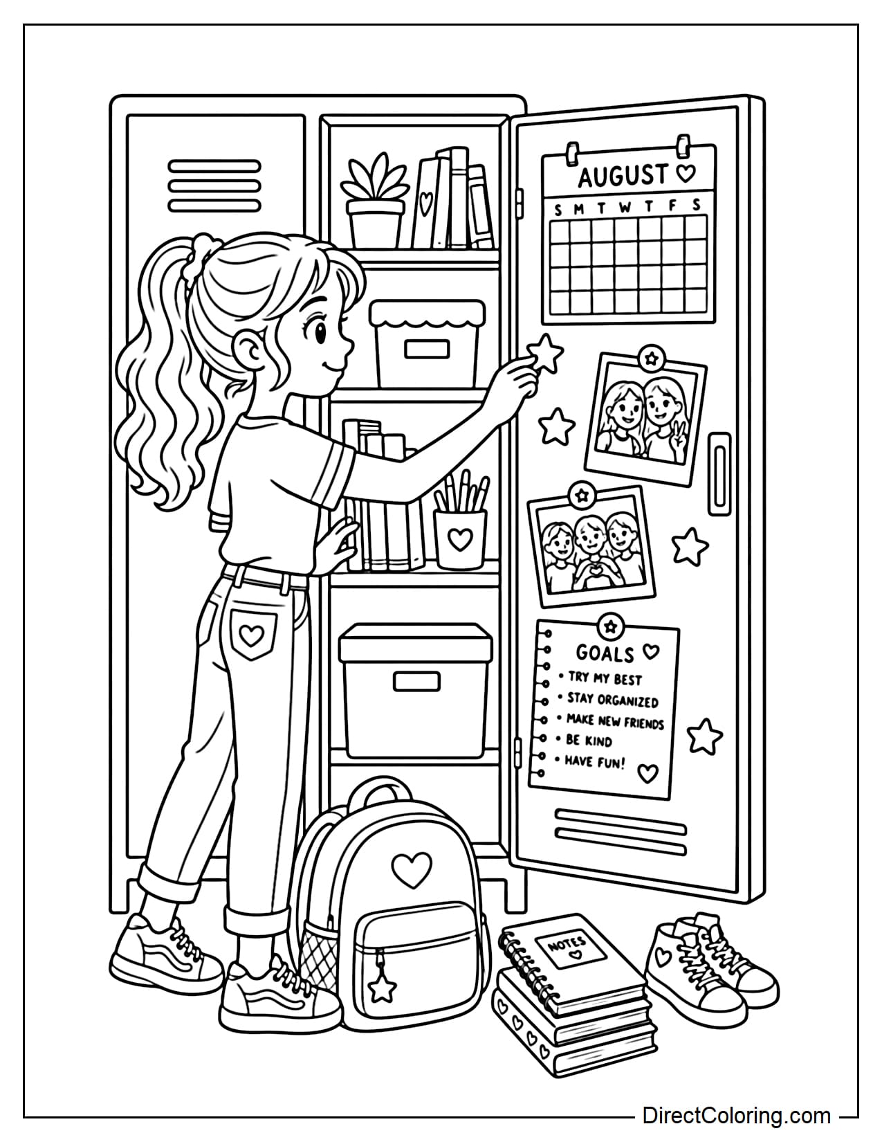 A young child is decorating their locker before the new school year with an August calendar, photos of friends, a backpack, sneakers, and a few notebooks underneath.