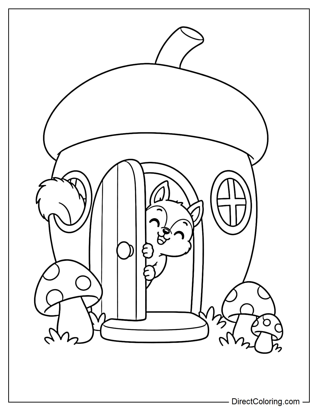 A cheerful squirrel peeking its head and little paws through the round doorway of a large acorn-shaped house, with its fluffy tail sticking out from one side of the window.
