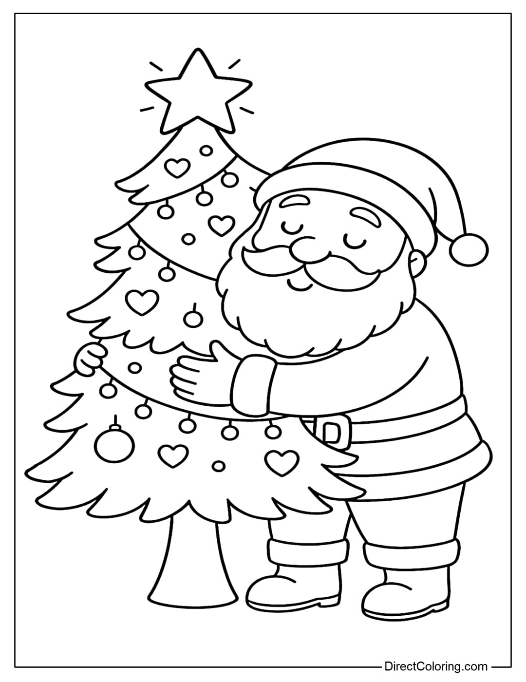 Coloring page of Santa Claus hugging a large pine tree, on the tree there are heart-shaped balls, round lights and bright stars.