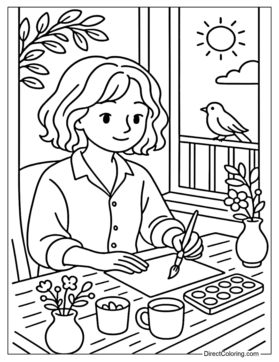 Coloring page of a girl with wavy bob hair, wearing a loose shirt, sitting at a table next to a glass door. On the table are a watercolor palette, brushes, a cup of tea, a vase of flowers, and drawing paper.