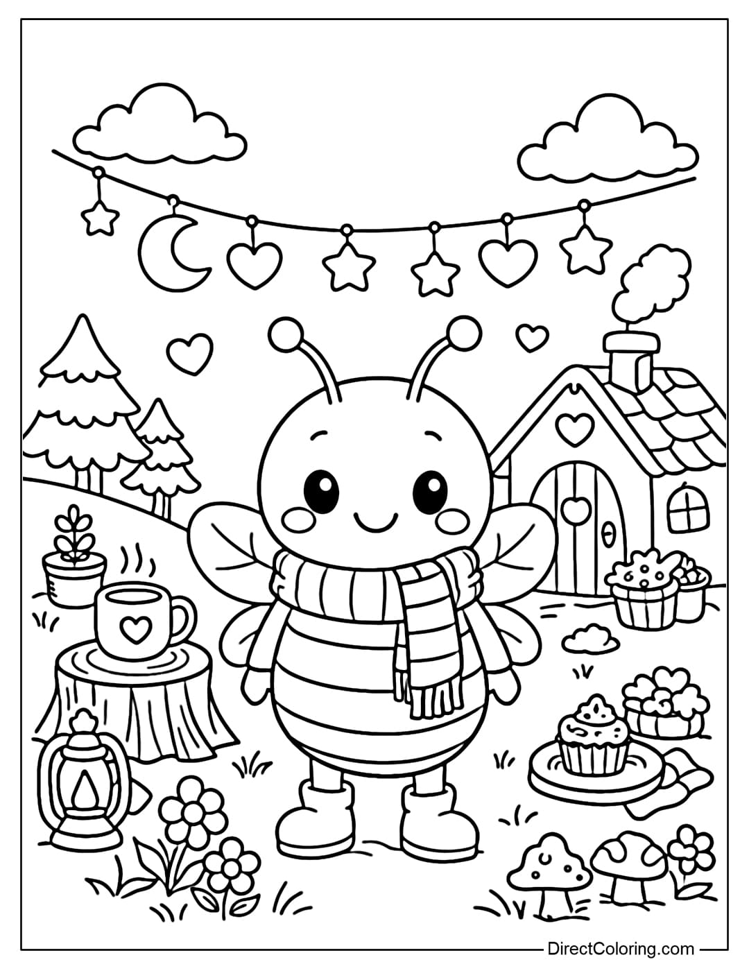 A coloring page featuring a bee wearing a scarf, standing amidst a cozy and adorable setting.