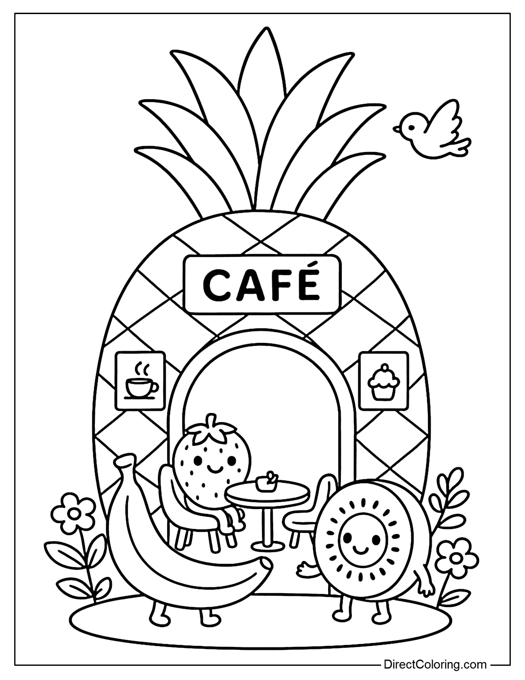 The coloring page inside the pineapple is a small cafe with fruit tables and chairs.