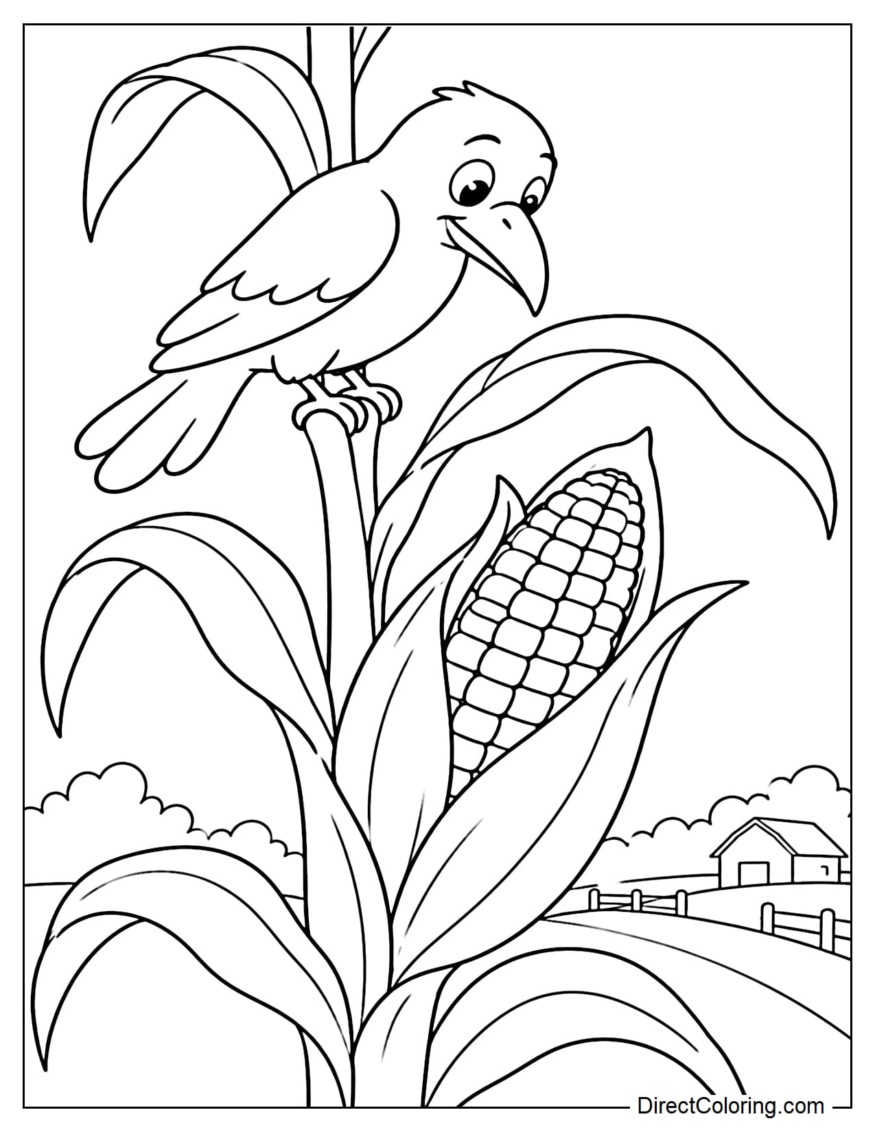 A friendly crow perches on the stem of a tall corn plant, with a large corn cob directly below it and its husk slightly opened.