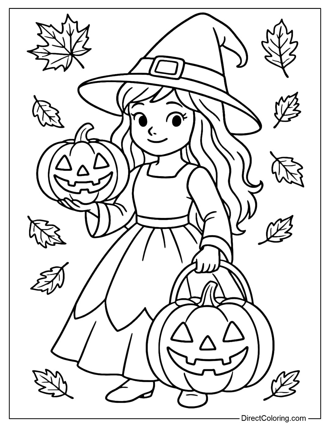 A witch coloring page holding a pumpkin carved with a smiley face, next to a large pumpkin basket, autumn leaves falling around.