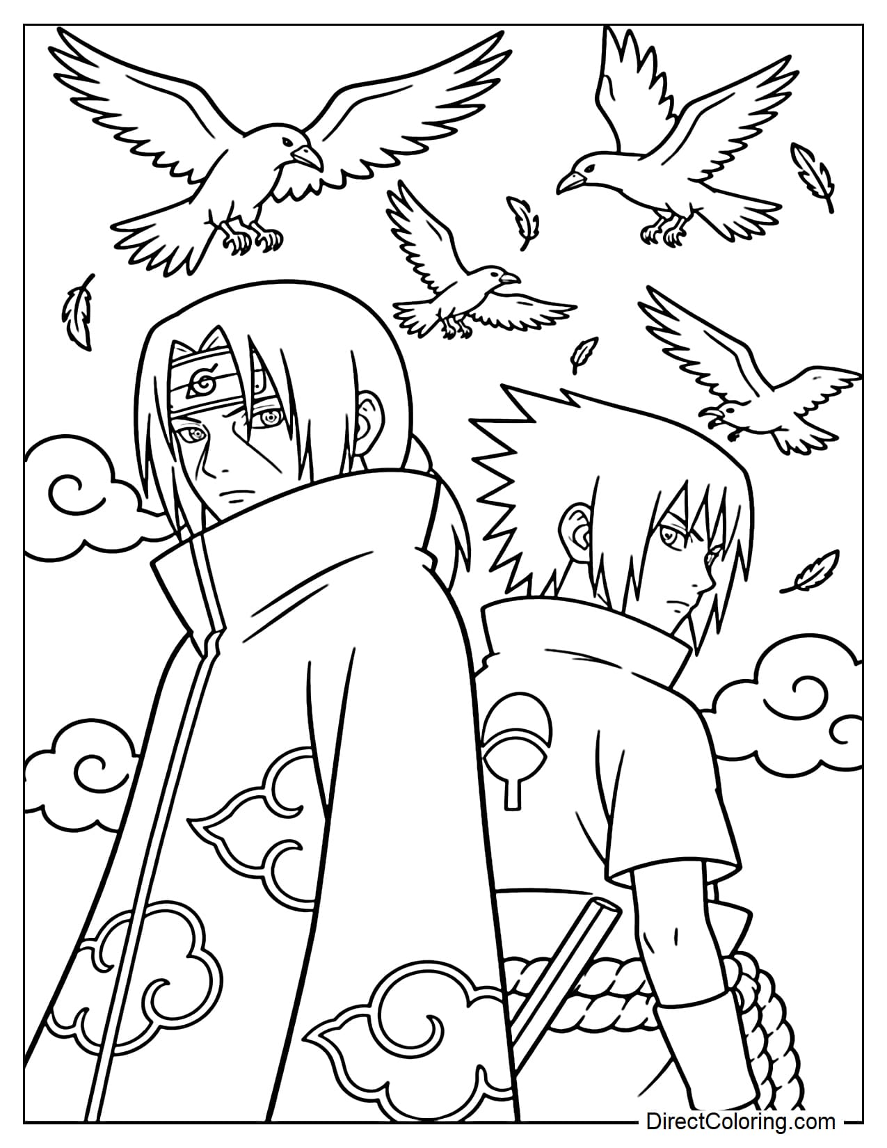 Itachi and Sasuke stand next to each other, with several crows flying overhead.