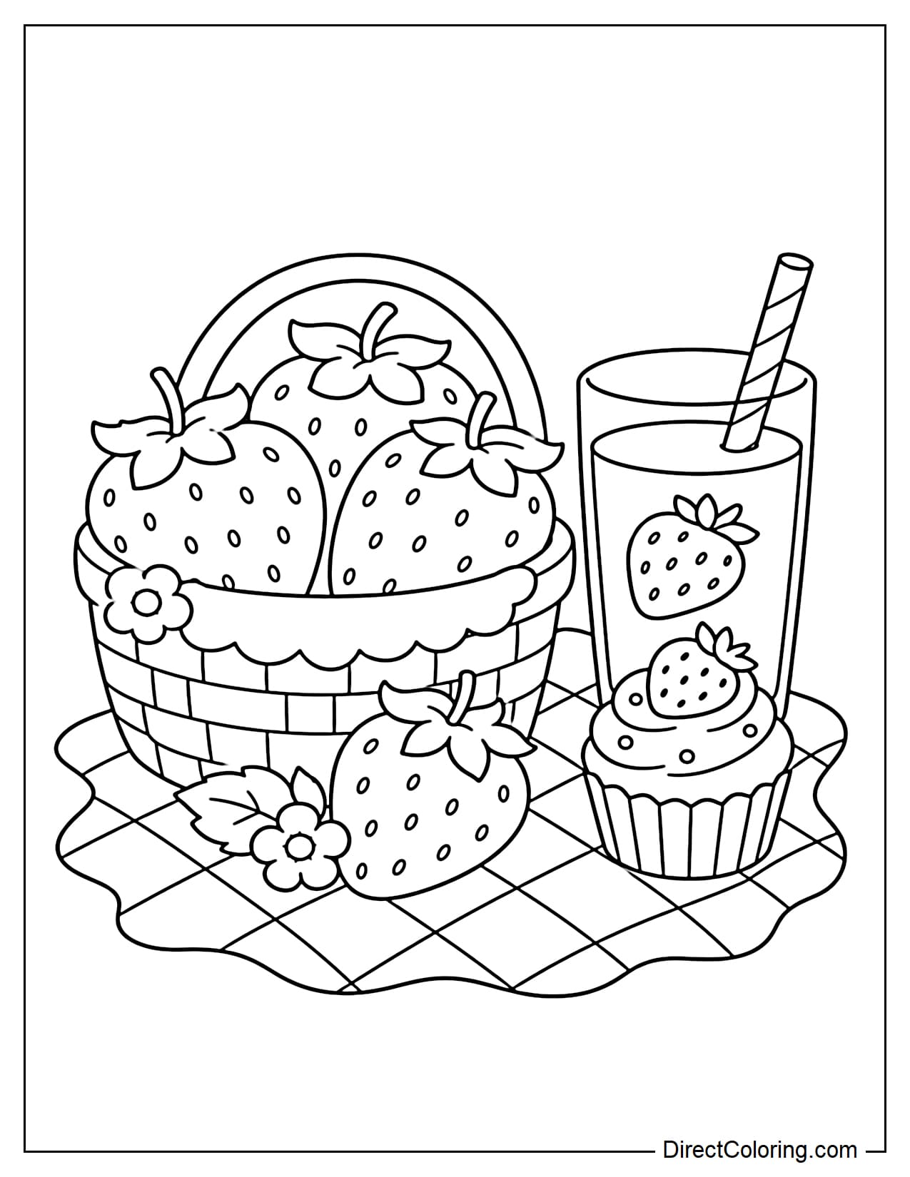 A picnic blanket with large strawberries, a glass of juice, and a small cupcake next to it.
