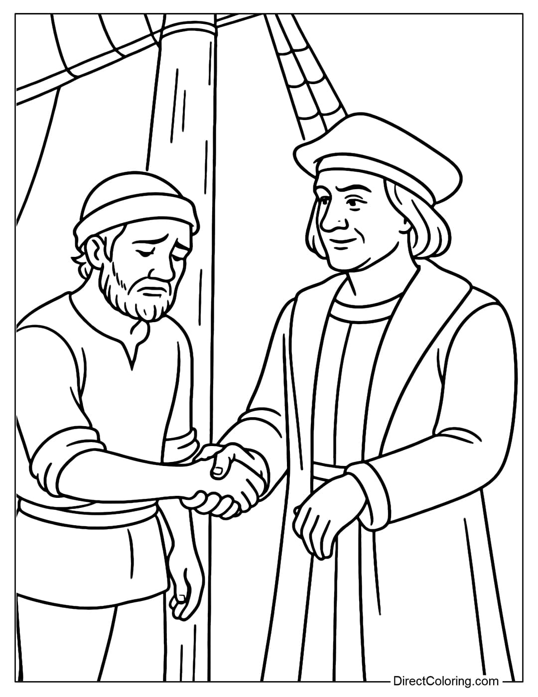 Coloring page for Columbus shaking hands and encouraging the tired sailors, behind is the mast.