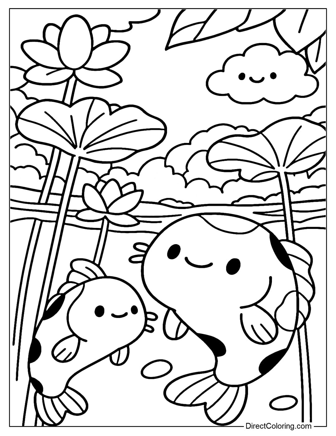 Coloring page from the bottom of the lotus pond looking up, large koi fish near the eye swimming around, long lotus stems lifting leaves and roses on the water surface.