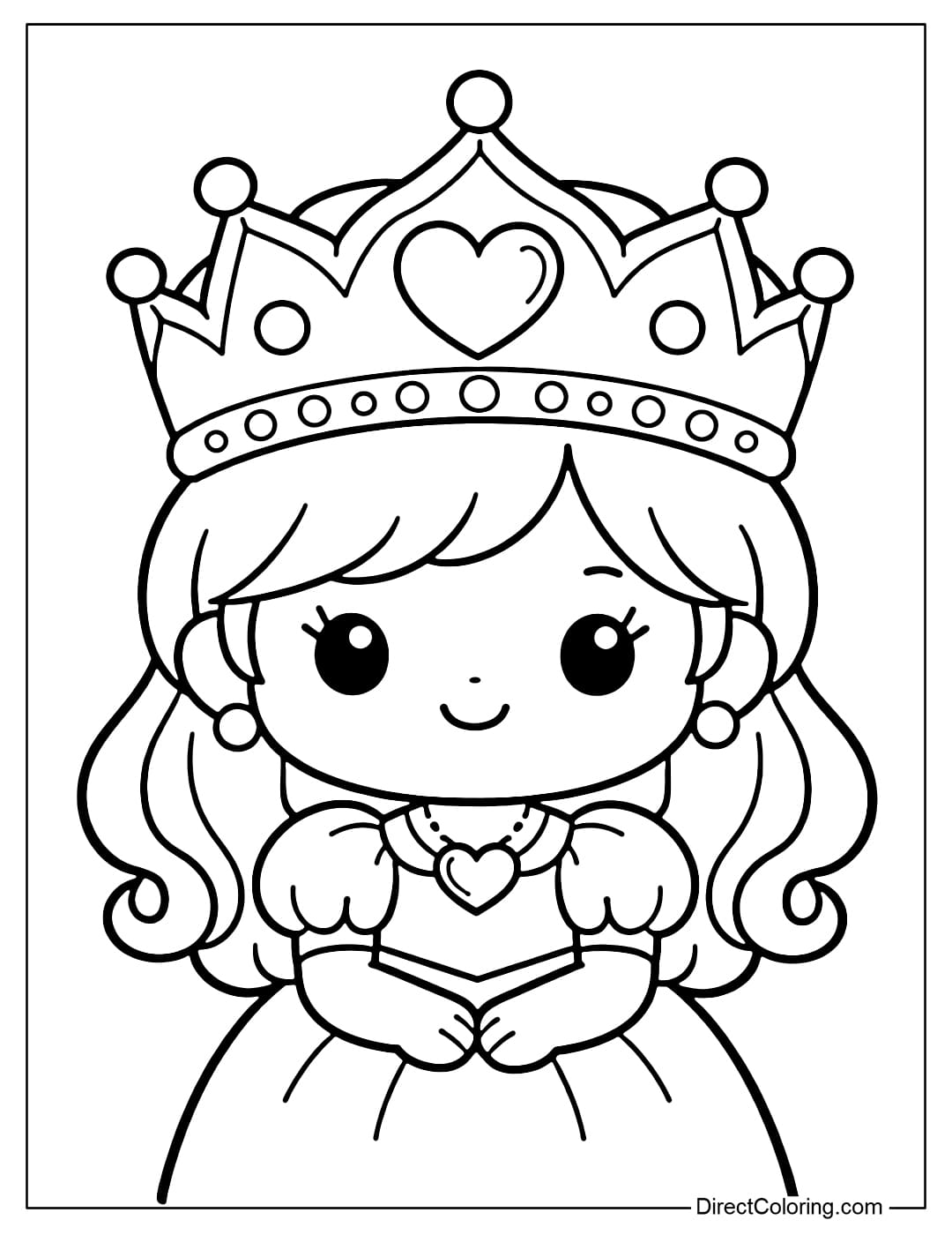 Coloring pages featuring a princess wearing a large, round crown, easy to color.