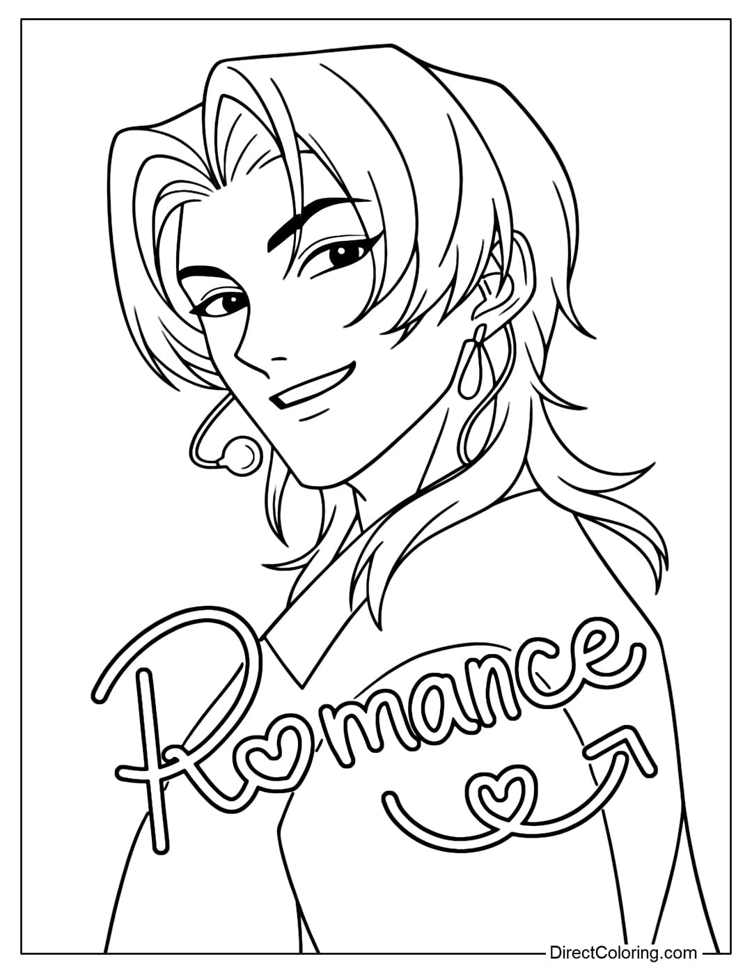 Romance Saja coloring page, a member of Saja Boys in Kpop Demon Hunters, wears a microphone to perform, Romance's style is both romantic and mischievous.