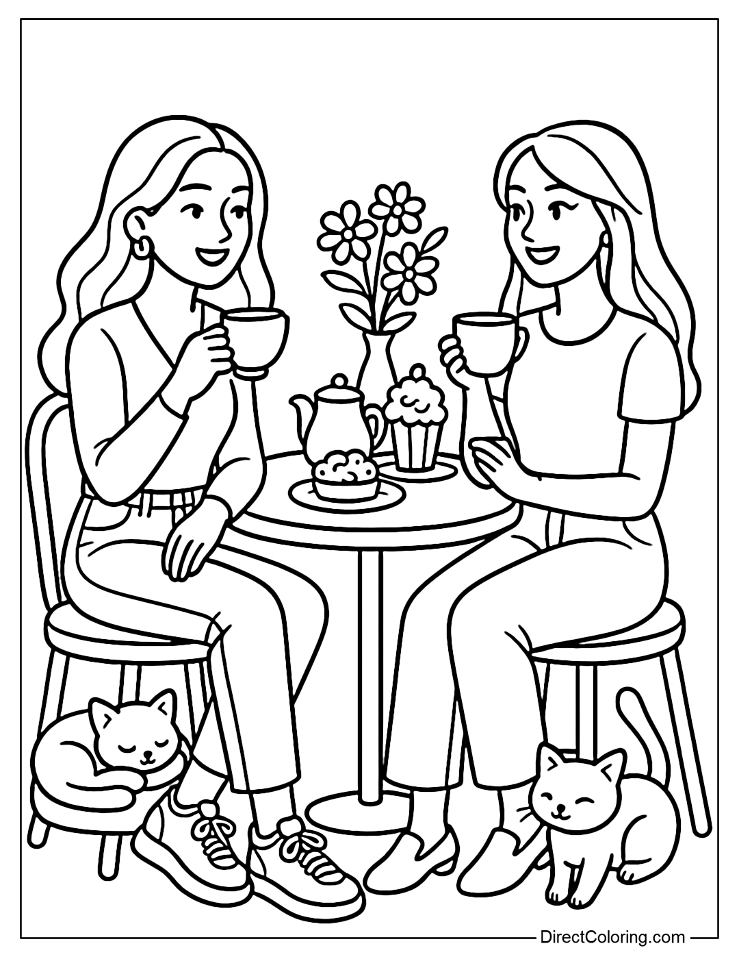 Coloring page of two girls sitting at a small table drinking tea, with cakes, fresh flowers and kittens on the chair.