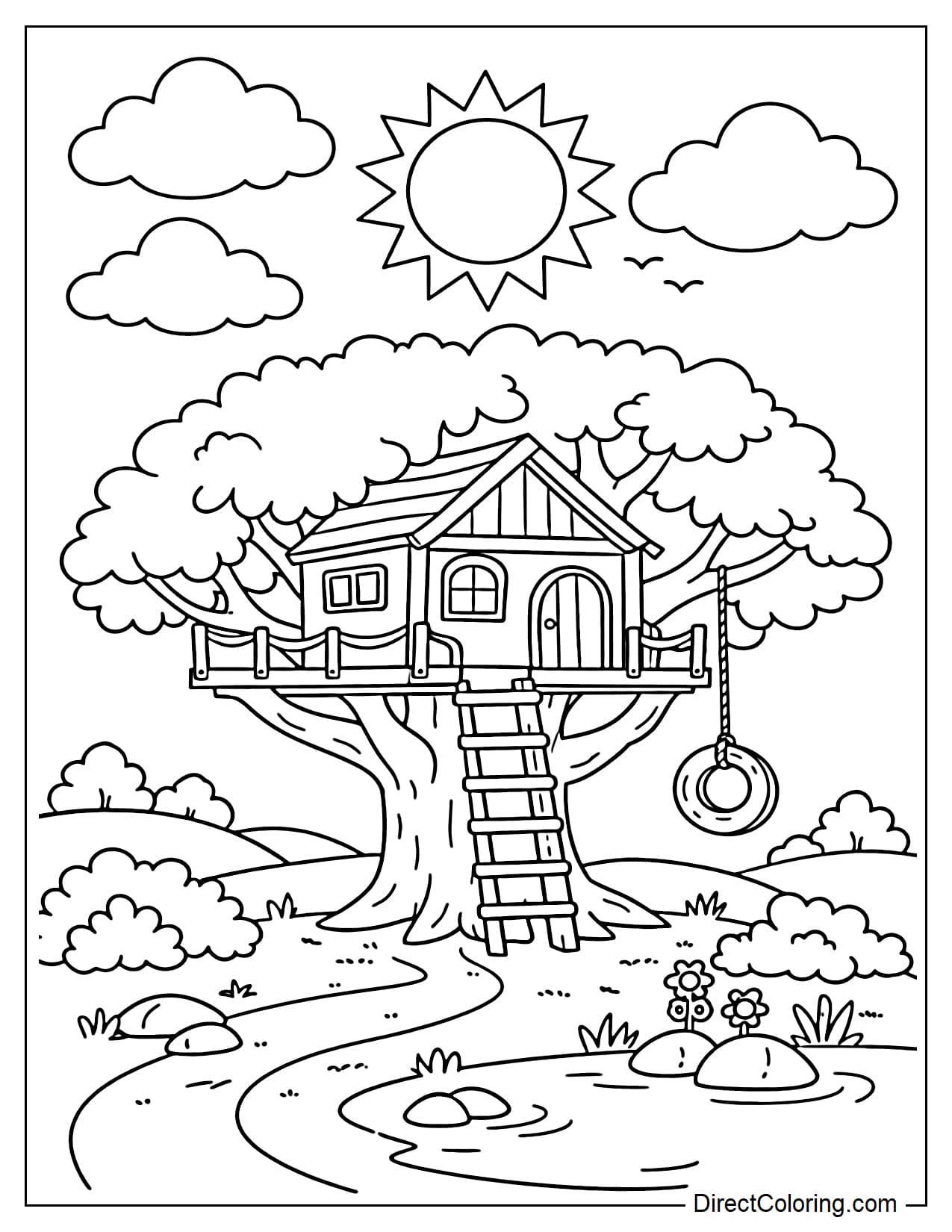 A treehouse with the sun and several large clouds above.