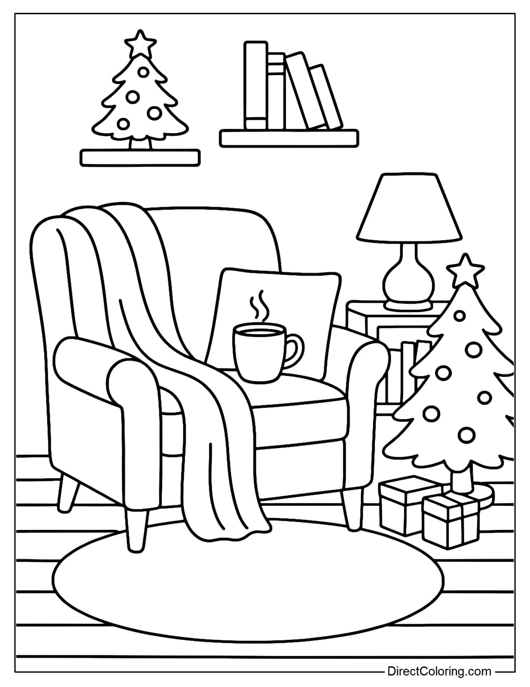 A reading corner coloring page in the living room during Christmas, an armchair, a thin blanket, a cup of cocoa, a small bookshelf.