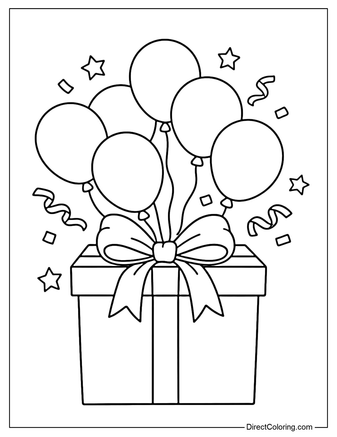 A coloring page for a large gift box tied with a bow, from which several round balloons float up.