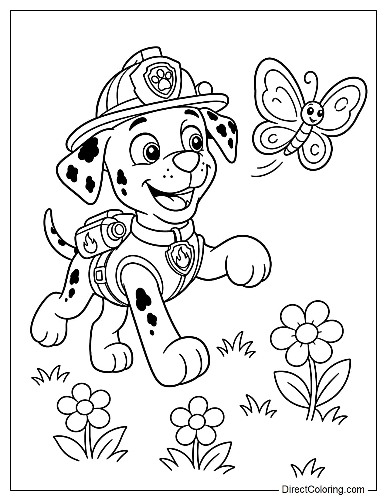 Marshall happily reaches one paw toward a big butterfly flying in front of him, with flowers and small tufts of grass below.