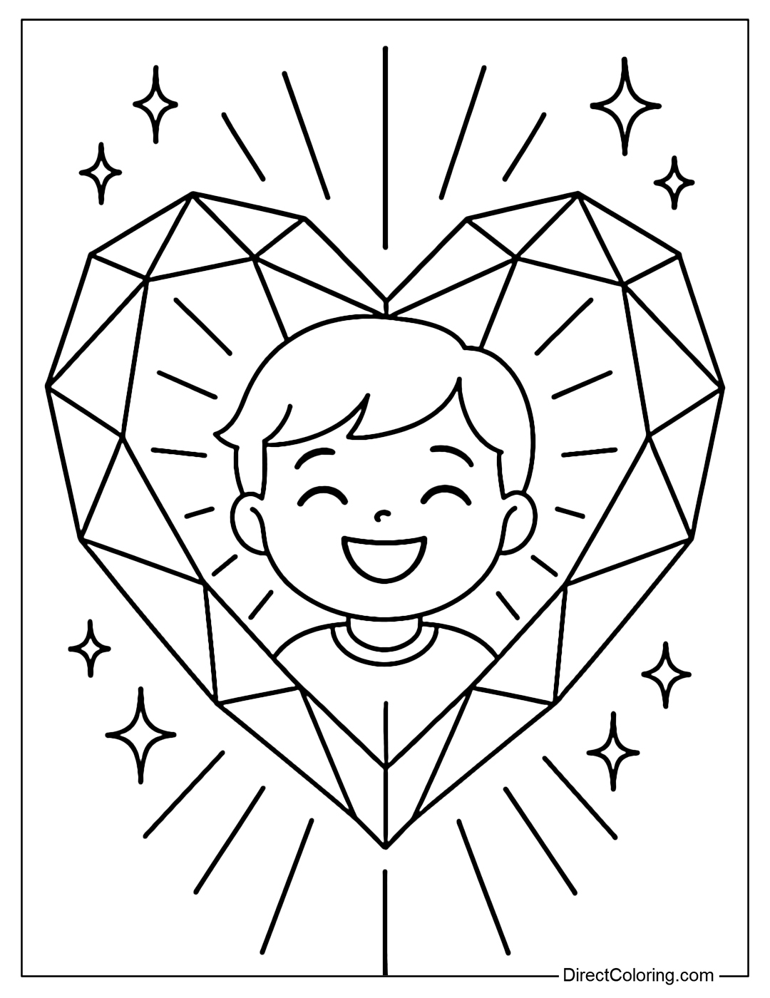 Coloring page of a sparkling crystal heart, inside is an image of a person smiling brightly.