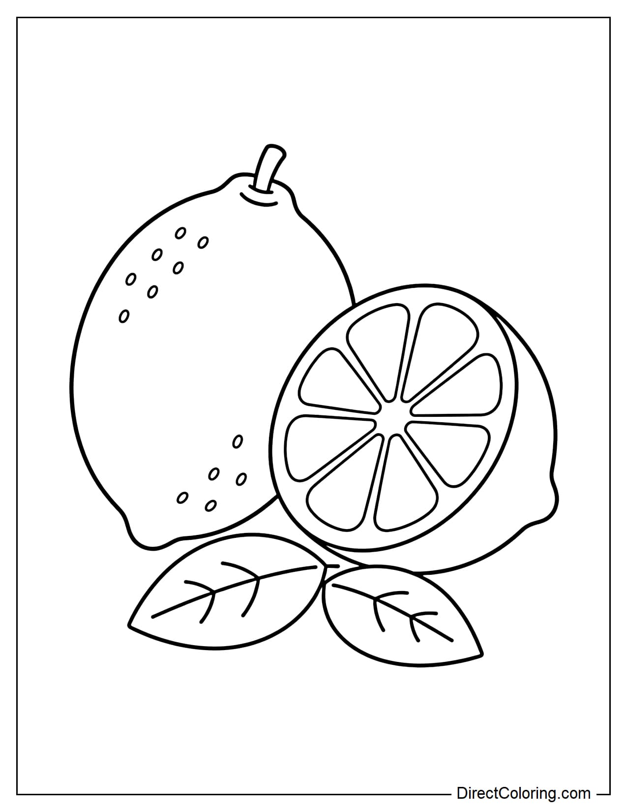 A whole lemon placed next to a half lemon, with two leaves beside it.